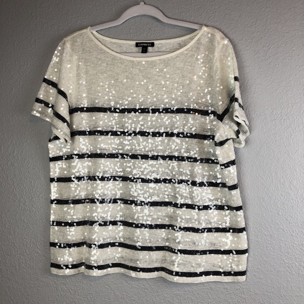 Express Womens Large Shirt Sequins White Navy Stripe Top Loose Oversized FLAW